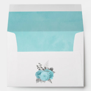 Enveloppe Mariage Vintage Shabby Roses Aqua et Argent