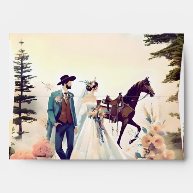 Enveloppe Mariage western de style Cowboy, mariée & cheval  (Dos (Haut rabat))