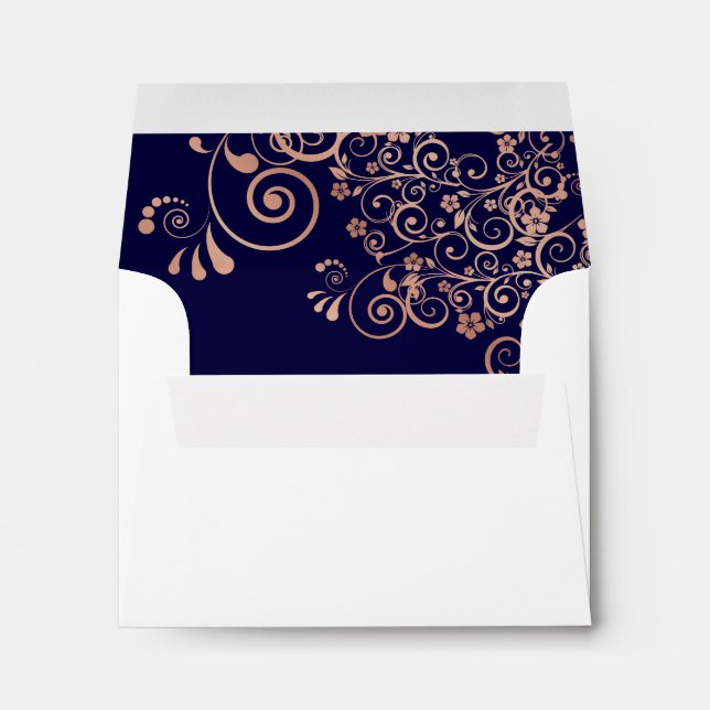 Enveloppe Marine Bleu & Rose Or à l'intérieur Blanc Mariage  (Dos (Bas))