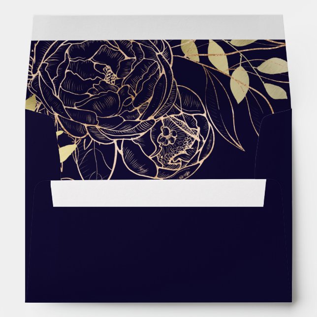 Enveloppe Marine Blue & Faux Gold Peony Moderne Floral Maria (Dos (Bas))
