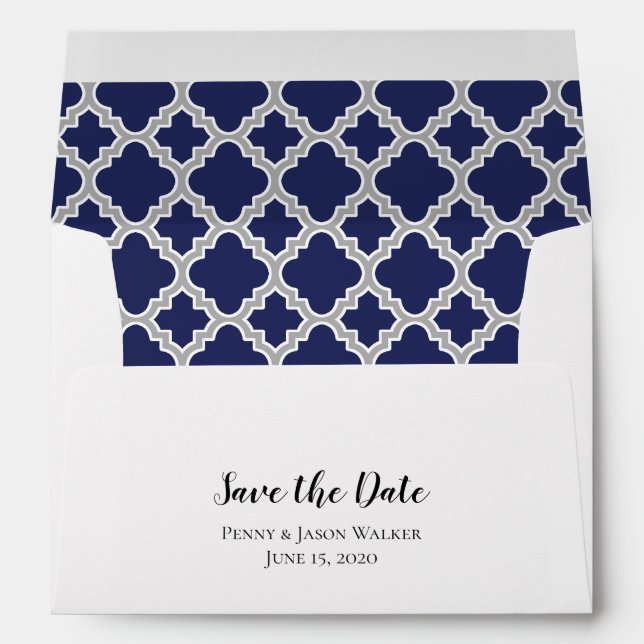Enveloppe Marine Blue Grey Quatrefoil Enregistrer La Date (Dos (Bas))