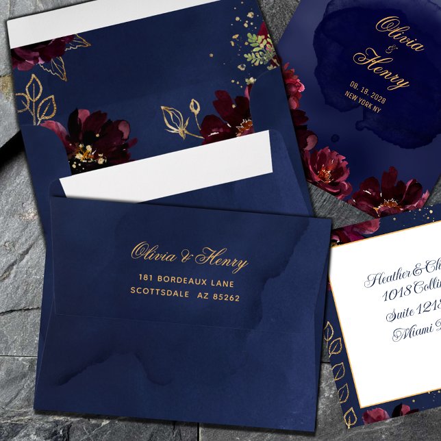 Enveloppe Marine Bordeaux Enregistrer La Date Et Le Carte de (Navy Bordeaux Save The Date & Thank You Card Envelope fits 4.25 x 5.25 inch card opens beautifully )