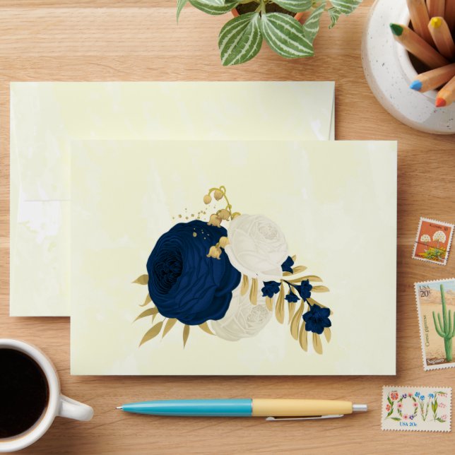 Enveloppe marine & fleurs blanches or mariage botanique (Desk)