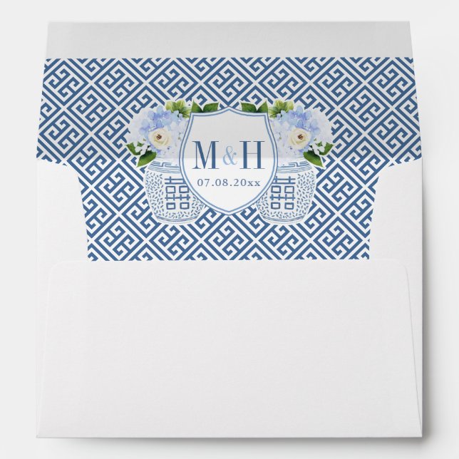 Enveloppe Marine White Chinoiserie Monogram Adresse de retou (Dos (Bas))