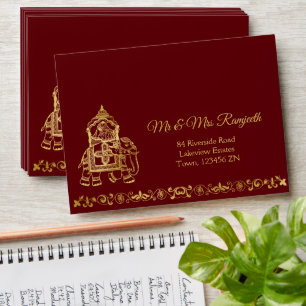 Enveloppe Maroon or éléphant Indien mariées luxe mariage