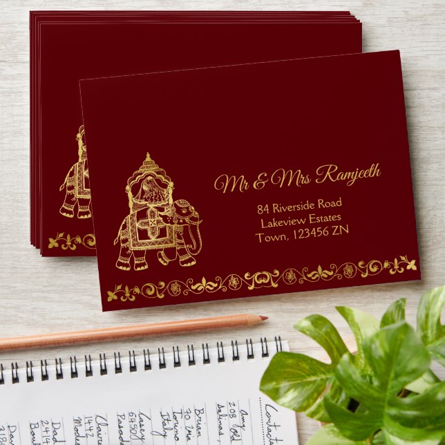 Enveloppe Maroon or éléphant Indien mariées luxe mariage (Stacked)
