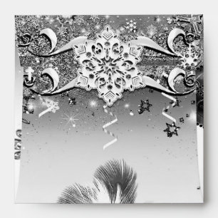Enveloppe Mascarade & Flocons de Neige Noir Blanc Argenté