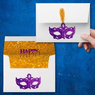 Enveloppe Masque Mardi Gras personnalisé violet et orange av
