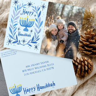 Enveloppe Menorah botanique de Hanukkah aquarelle joyeuse