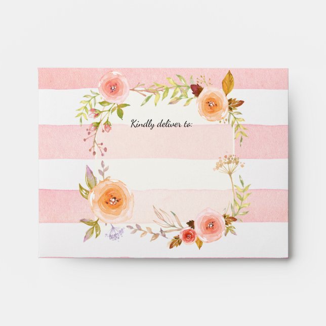 Enveloppe Merci Aquarelle rayée Floral Rose Mariage (Devant)