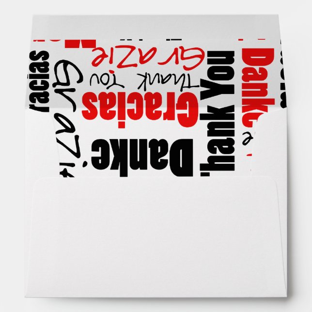 Enveloppe Merci multilingue noir rouge typographie (Dos (Bas))