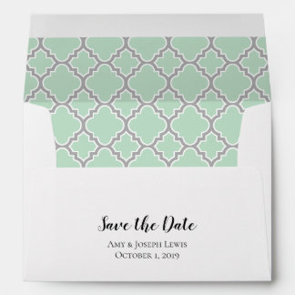 Enveloppe Mint Green Grey Gris Quatrefoil Enregistrer la dat