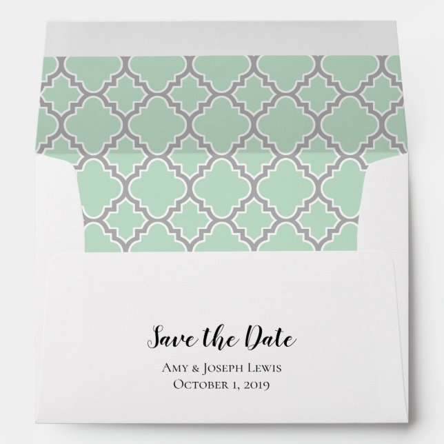 Enveloppe Mint Green Grey Gris Quatrefoil Enregistrer la dat (Dos (Bas))