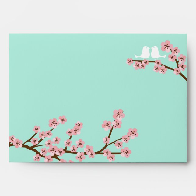 Enveloppe Mint Green & Pink Cherry Blossom Mariage moderne (Devant)