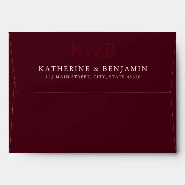 Enveloppe Modern Burgundy Monogram Minimalist Wedding (Dos (Haut rabat))