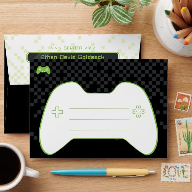 Enveloppe MODERN GAMER invité cool fun noir citron vert (Desk)