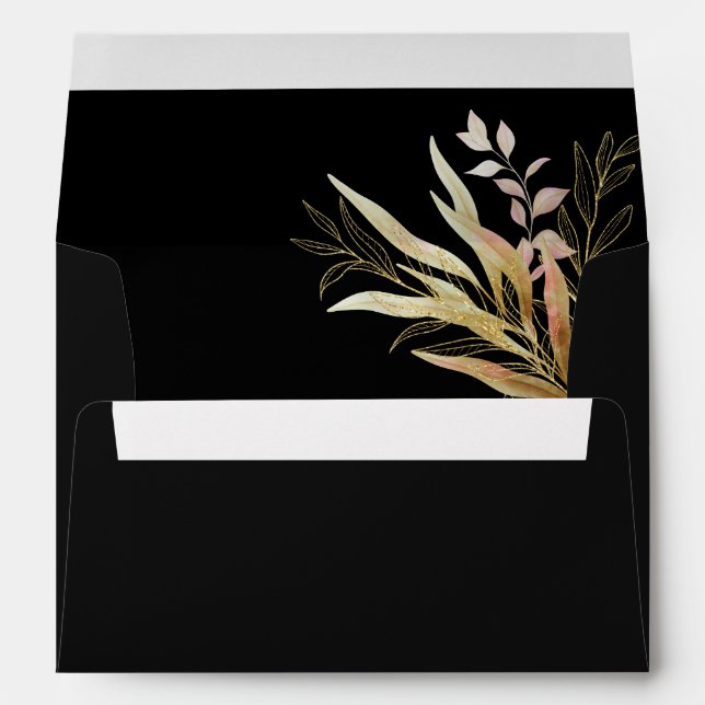 Enveloppe Moderne Elegant Feuilles d'or Foliage Mariage noir (Dos (Bas))