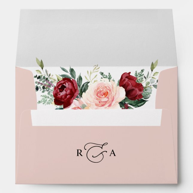 Enveloppe Monogram Dusty Rose Floral avec adresse de retour  (Dos (Bas))