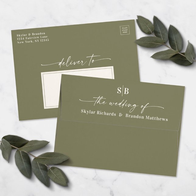 Enveloppe Monogram Lily Green A7 5x7 Faire-part de mariage (Créateur téléchargé)