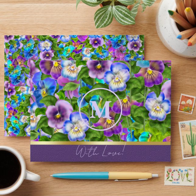 Enveloppe Monogramme Anniversaire Pansy Violet Fleurs Aquare (Desk)