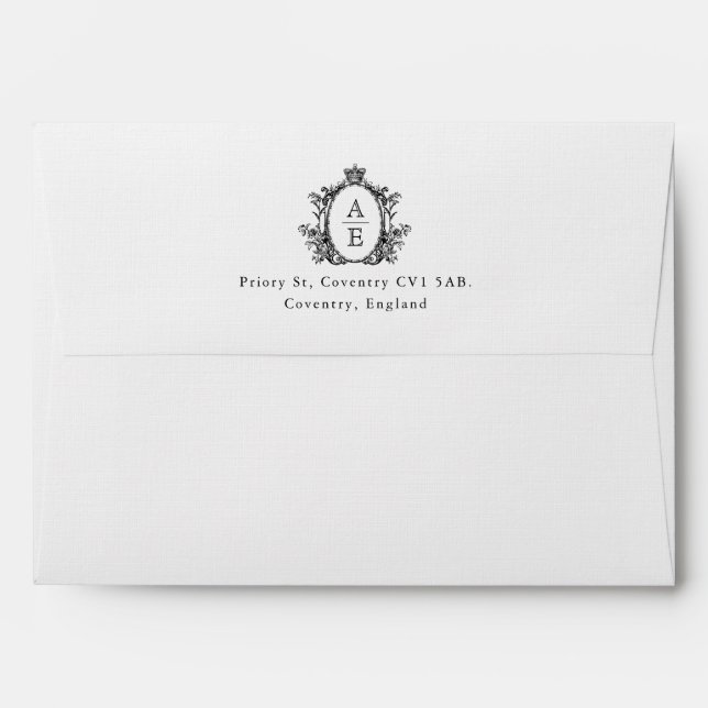 Enveloppe Monogramme classique Crest Mariage noir et blanc (Dos (Haut rabat))