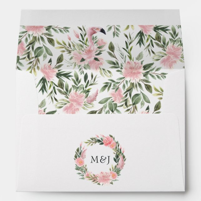 Enveloppe Monogramme de Mariage de Flamant rose rose tropica (Dos (Bas))