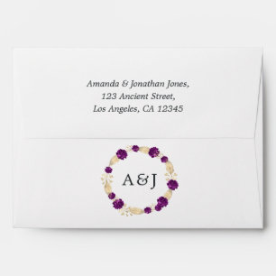 Enveloppe Monogramme de Mariage Floral Vintage pourpre et or