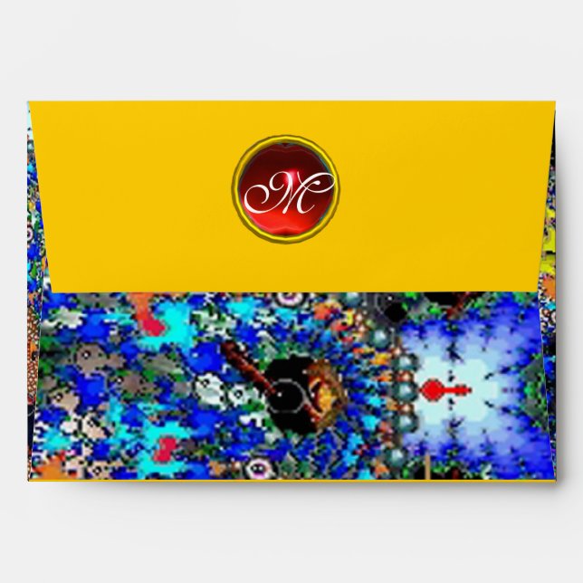 Enveloppe MONOGRAMME ÉPHÉMÉRAL bleu jaune noir rouge rubis (Dos (Haut rabat))