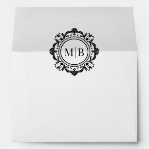 Enveloppe Monogramme floral orange Mariage noir blanc