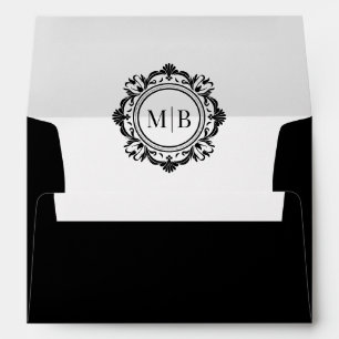 Enveloppe Monogramme floral orange Mariage noir blanc