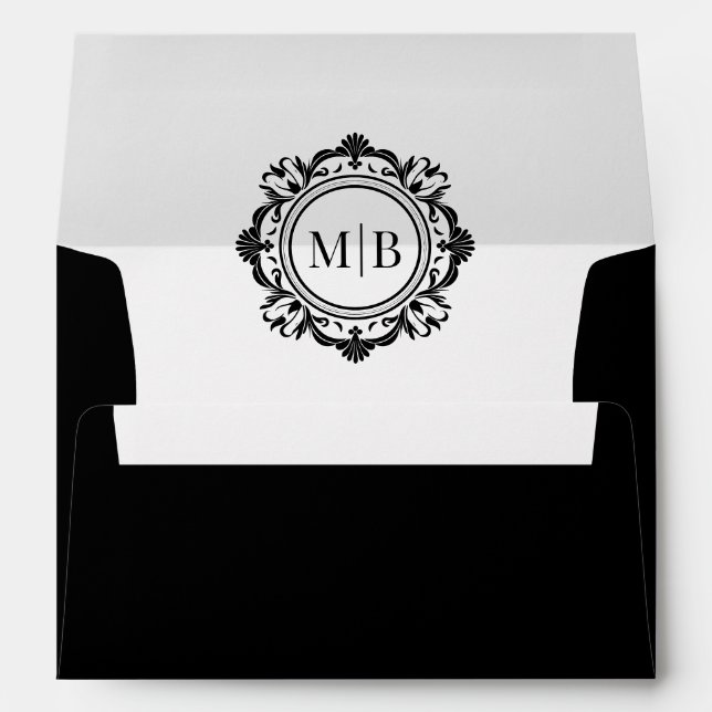Enveloppe Monogramme floral orange Mariage noir blanc (Dos (Bas))