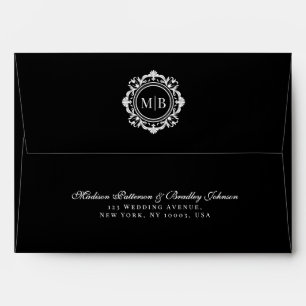 Enveloppe Monogramme floral orange Mariage noir blanc