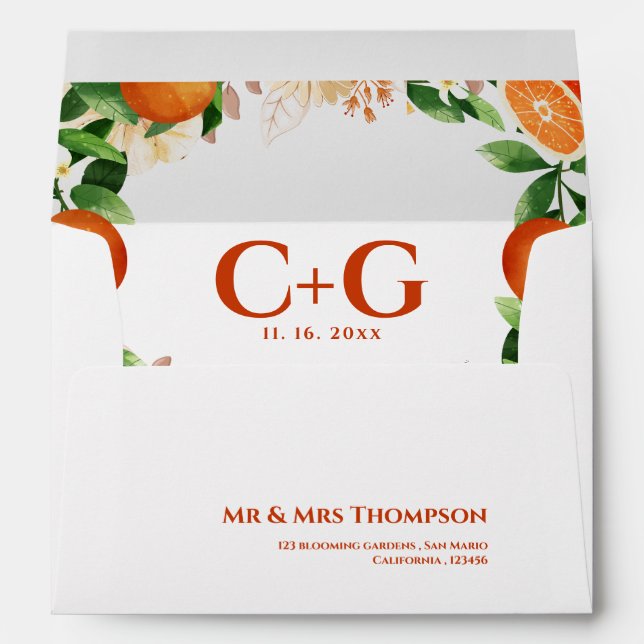 Enveloppe Monogramme Floral Orange Moderne Mariage Citrus (Dos (Bas))