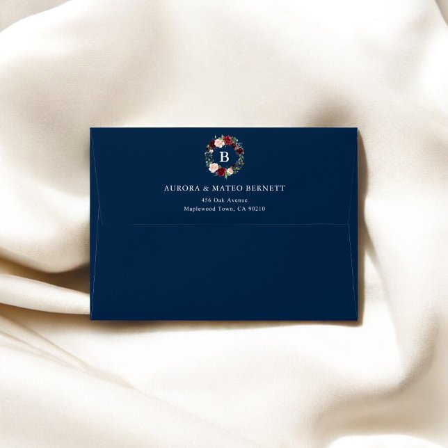 Enveloppe Monogramme floral rustique Mariage bleu marine (Créateur téléchargé)