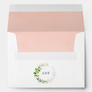 Enveloppe Monogramme Mariage rose Gold et Blush Greenery