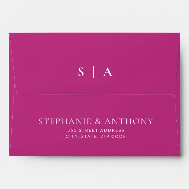 Enveloppe Monogramme minimaliste moderne Magenta et Mariage  (Dos (Haut rabat))