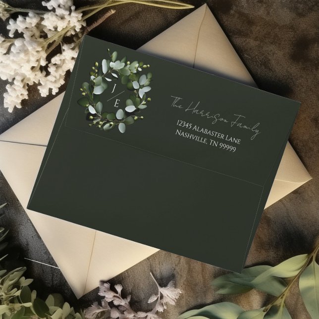 Enveloppe Monogramme moderne Eucalyptus Mariage de couronne (Dark Green Modern Monogram Eucalyptus Wreath Wedding Envelope)