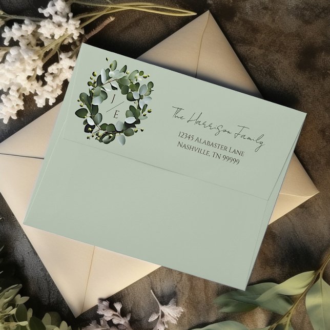 Enveloppe Monogramme moderne Eucalyptus Mariage de couronne (Sage Green Modern Monogram Eucalyptus Wreath Wedding Envelope)