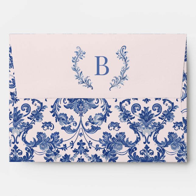 Enveloppe Monogramme rose et bleu Damas (Dos (Haut rabat))