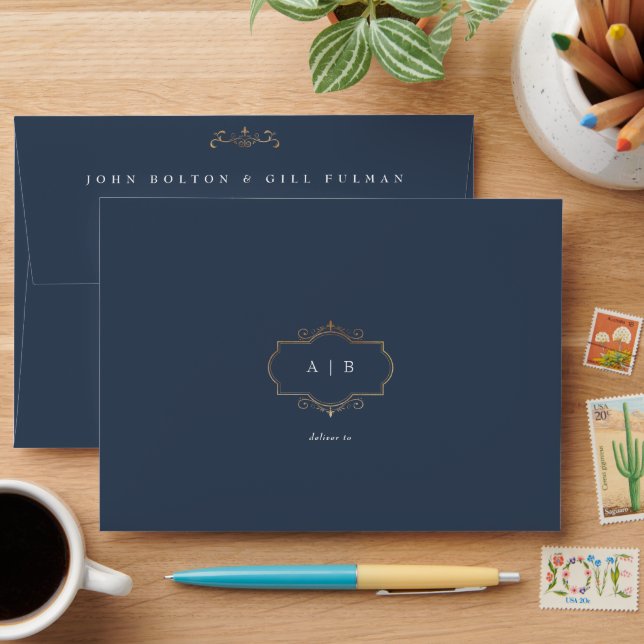 Enveloppe monogramme traditionnel or crête marine bleu maria (Desk)
