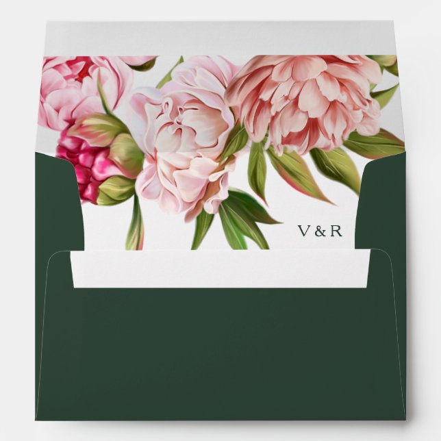 Enveloppe Monogramme vert foncé moderne Mariage rose pâle (Dos (Bas))