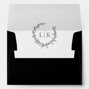 Enveloppe Monogramme Wreath Black   Mariage classique blanc