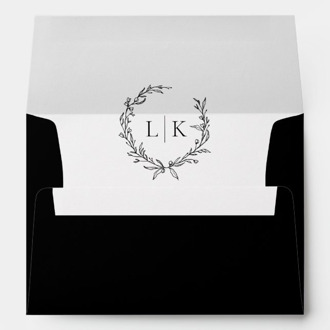 Enveloppe Monogramme Wreath Black | Mariage classique blanc (Dos (Bas))