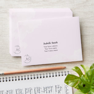 Enveloppe Monogrammes Rose Pâle Gris Aquarelle Inscription R