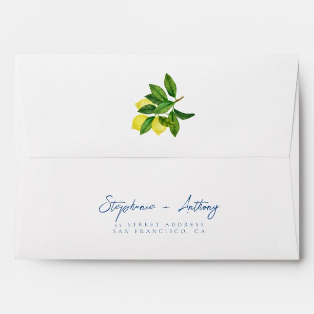 Enveloppe Monograms Lemon Citrus with Blue Wedding   (Dos (Haut rabat))