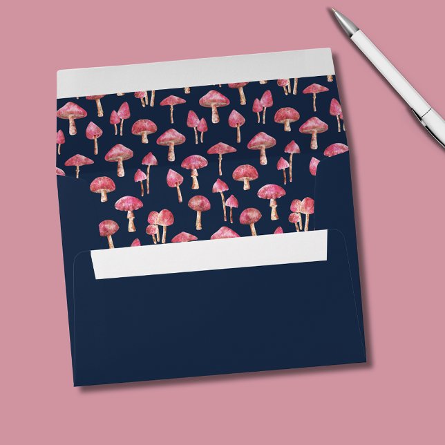 Enveloppe Motif d'aquarelle de champignon (Pink mushroom pattern lined navy blue envelope)