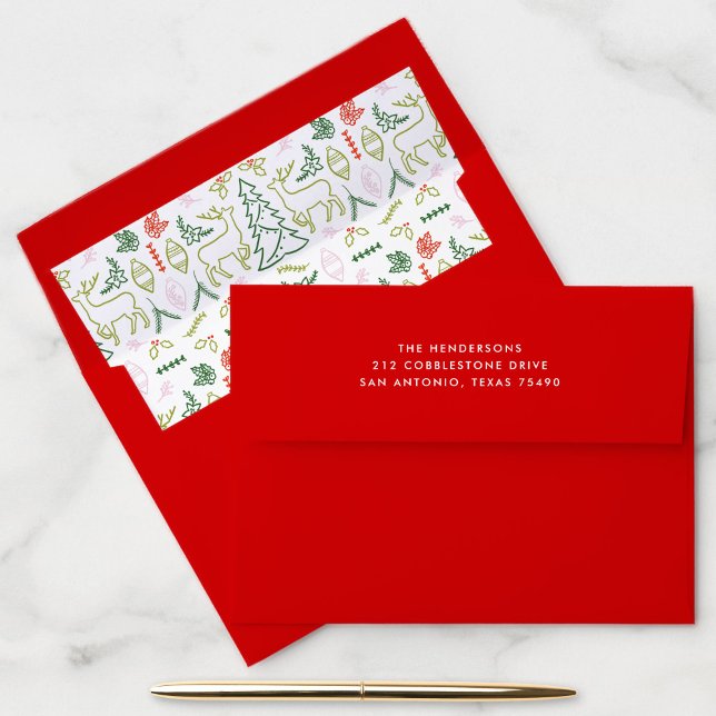 Enveloppe Motif de Noël scandinave rouge Adresse de retour (Bright red return address envelope with hand-drawn Scandinavian Christmas pattern liner.)