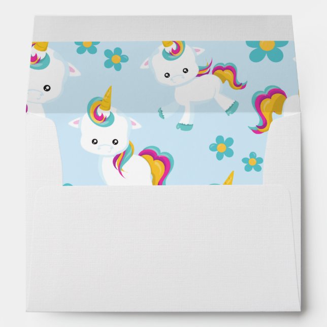 Enveloppe Motif D'Unicornes, De Mignons Unicornes, Fleurs (Dos (Bas))