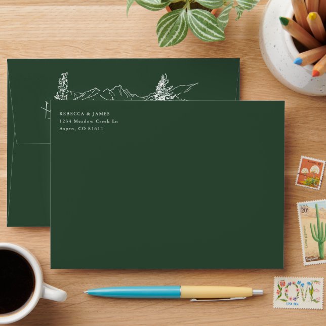 Enveloppe Mountain Wedding Modern Forest Sketch Dark Green (Desk)