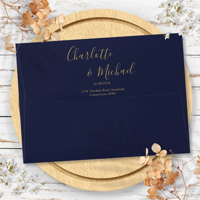 Enveloppe Navy Blue Elegant Gold Script Adresse de retour (Navy Blue Elegant Gold Script Return Address Envelope)